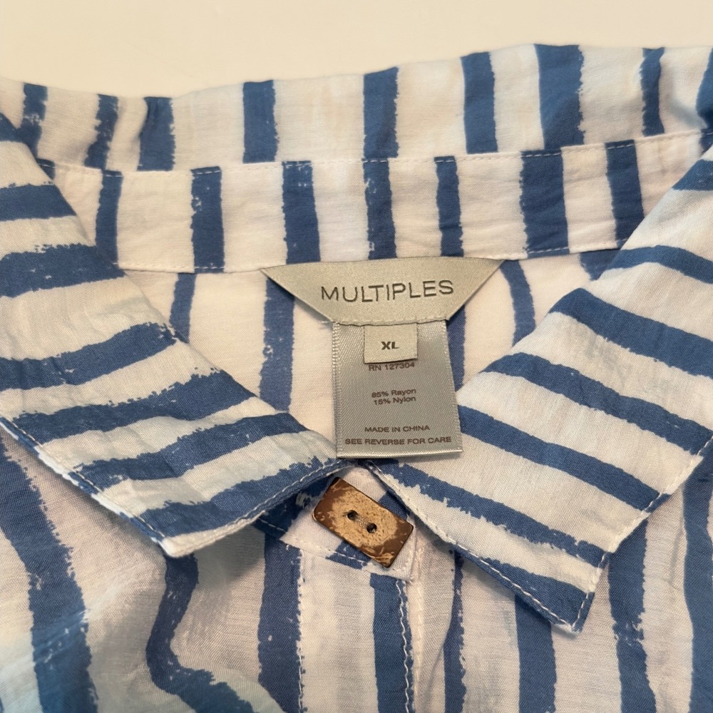 Multiples Blue & White Striped Floral Button-Up Blouse - Picture 7 of 10